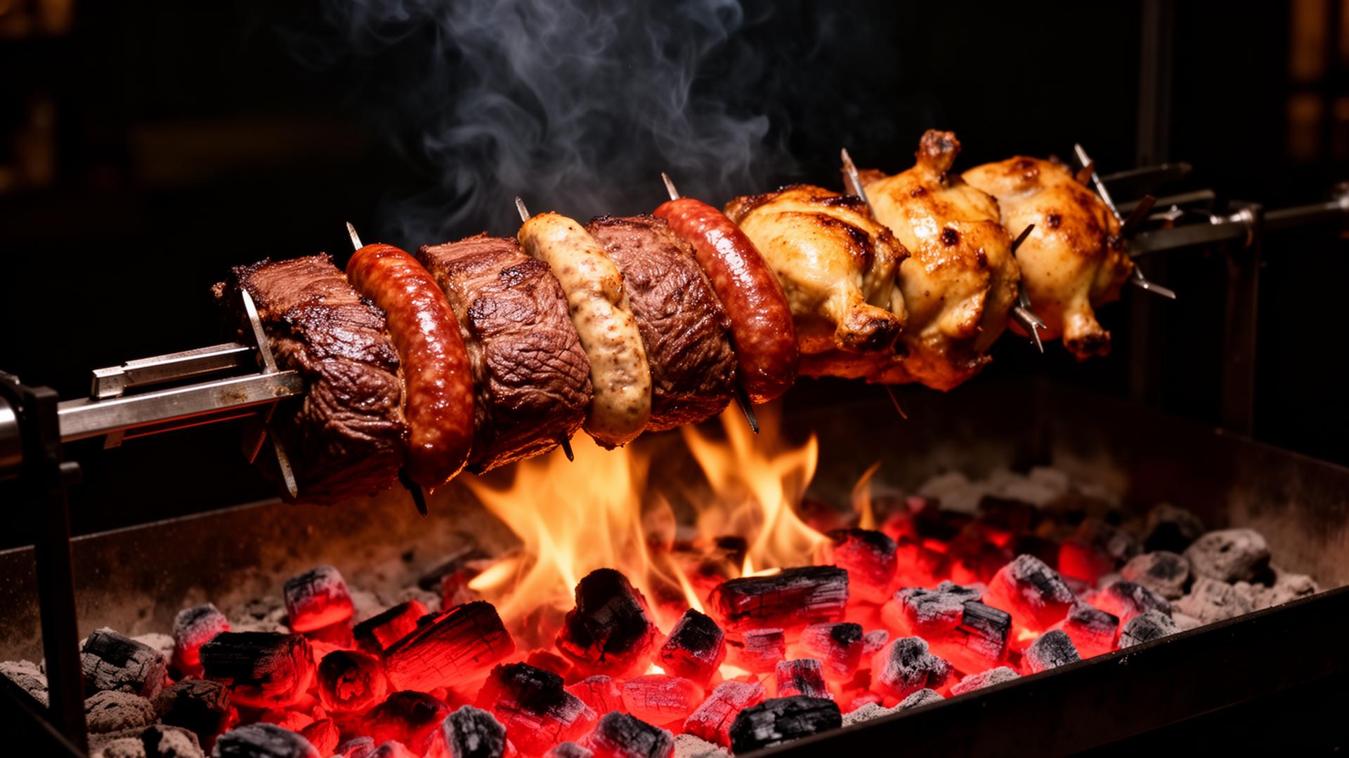 Rotisserie of skewers over charcoal